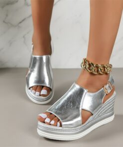 Women's Silver Metallic Open-Toe Wedge Sandals with Buckle Strap - Stylish and Comfortable for Summer Outings 2025
