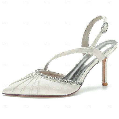 Women's Satin Slingback Pointed Toe Wedding Kitten Heel with Rhinestone Embellishments – Elegant Bridal 2025 - Image 8