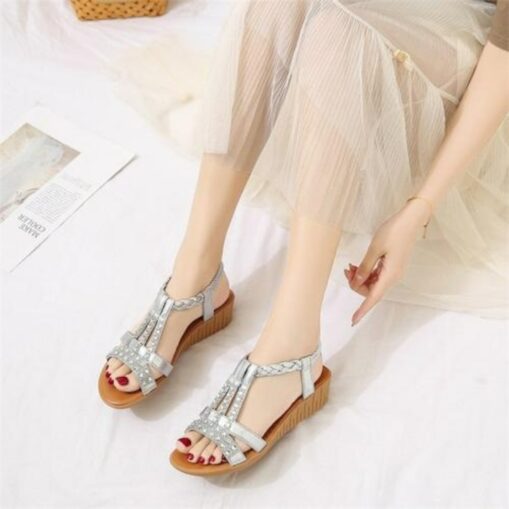 Women's Wedge Sandals with Rhinestone Embellishments – Comfortable Elastic Straps and Floral Patterned Details for Casual Summer Wear 2025 - Image 8