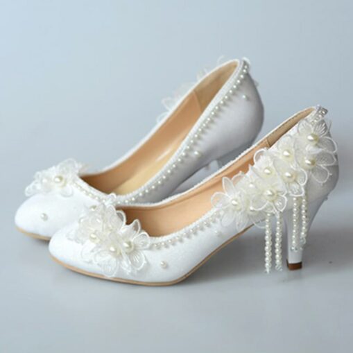 Women's White Wedding Platform Heels with Lace Floral Appliqué and Pearl Bead Details – Elegant Bridal Shoes for Special Occasions 2025 - Image 3