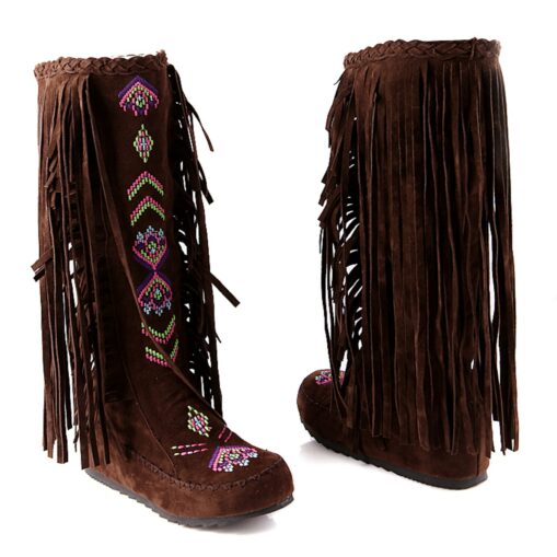 Women's Fringe Embroidered Faux Suede Knee-High Boots, Bohemian Style for Festivals and Casual Wear 2025 - Image 2