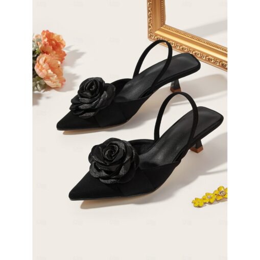 Red Satin Pointed-Kitten Heels with Rose Decoration for Women - Ideal for Weddings and Summer Events 2025 - Image 3