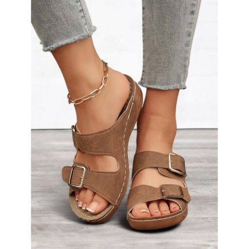 Women's Dark Blue Double Buckle Slip-On Sandals with Cushioned Sole, Casual Summer Shoes for Beach and Everyday Wear 2025 - Image 2