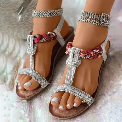 Women's Sandals Boho Bohemia Beach Wedge Sandals Comfort Shoes Vacation Beach Summer Rhinestone Platform Flat Heel Elegant Bohemia Vacation Faux Leath - Image 3