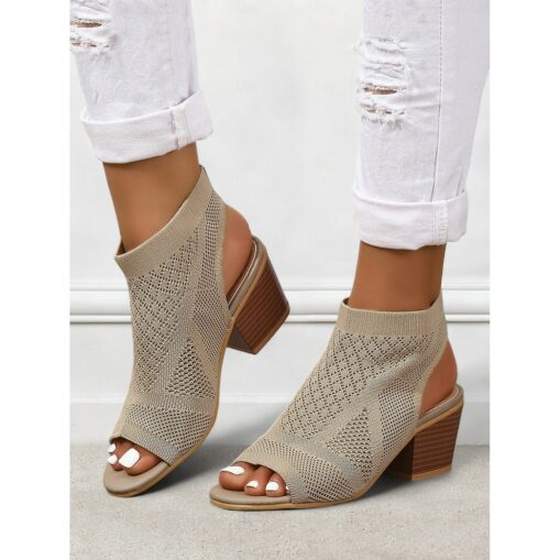 Women's Beige Peep-Toe Knit Ankle Booties with Block Heel, Breathable Summer Sandals for Casual and Office Wear 2025 - Image 2