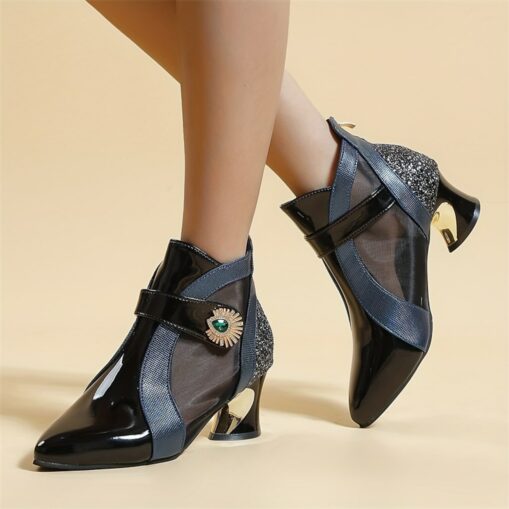 Women's Black and Red Ankle Boots with Mesh Panels and Embellished Heels - Elegant Fashion Footwear for Special Occasions 2025 - Image 2