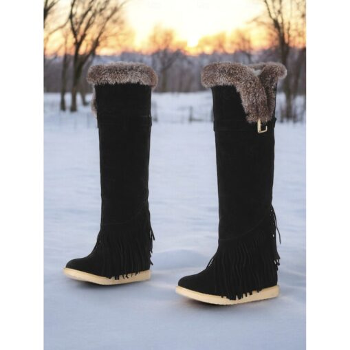 Women's Green Suede Moccasin Winter Boots with Fur Lining and Fringe Detail – Cozy Knee-High Snow Boots for Cold Weather 2025 - Image 5