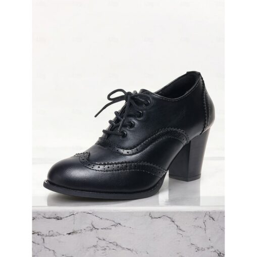 Women's Vintage Lace-Up Brogue Oxford Shoes – Brown Faux Leather Block Heel Dress Shoes for Formal and Casual Occasions 2025 - Image 2
