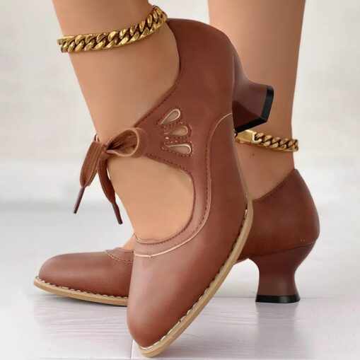 Women's Vintage Lace-Up Leather Heels - Elegant Cut-Out Oxford Shoes for Retro and Formal Occasions 2025 - Image 2