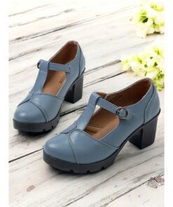 Women's Blue Mary Jane Chunky Heel Shoes - Retro T-Strap Design for Office and Casual Wear 2025
