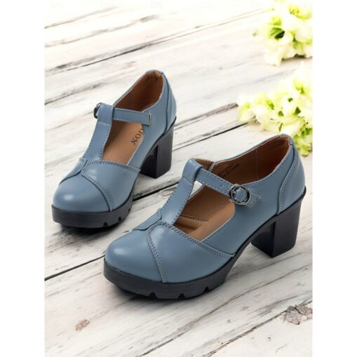 Women's Blue Mary Jane Chunky Heel Shoes - Retro T-Strap Design for Office and Casual Wear 2025
