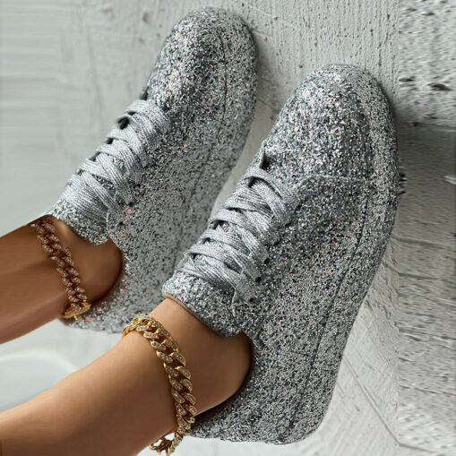 Women's Silver Glitter Platform Sneakers - Sparkly Lace-Up Casual Shoes for Parties and Street Style 2025