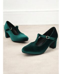 Women's Green Velvet T-Strap Mary Jane Heels with Block Heel – Vintage-Inspired Dress Shoes for Parties and Formal Events 2025
