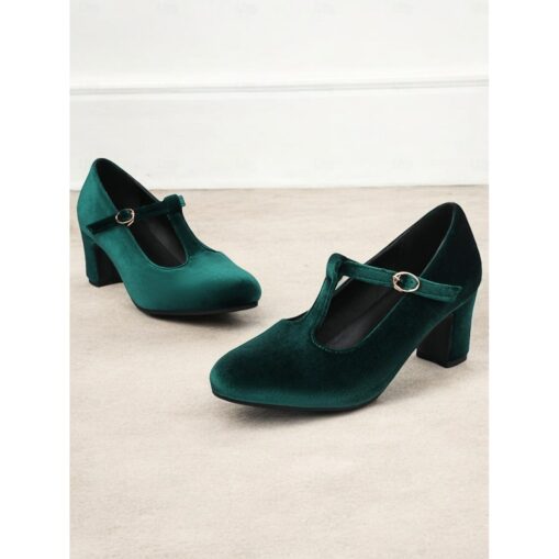 Women's Green Velvet T-Strap Mary Jane Heels with Block Heel – Vintage-Inspired Dress Shoes for Parties and Formal Events 2025