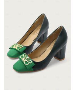 Women's Green and Black Block Heel Pumps with Gold Bow – Elegant Pointed Toe Slip-On Shoes for Office and Formal Events 2025