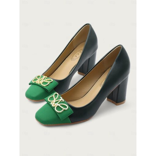 Women's Green and Black Block Heel Pumps with Gold Bow – Elegant Pointed Toe Slip-On Shoes for Office and Formal Events 2025