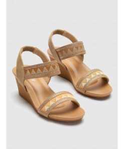 Women's Tan Wedge Sandals with Geometric Pattern - Stylish Summer Shoes for Casual and Dressy Occasions 2025