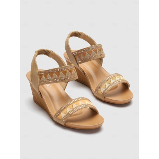 Women's Tan Wedge Sandals with Geometric Pattern - Stylish Summer Shoes for Casual and Dressy Occasions 2025