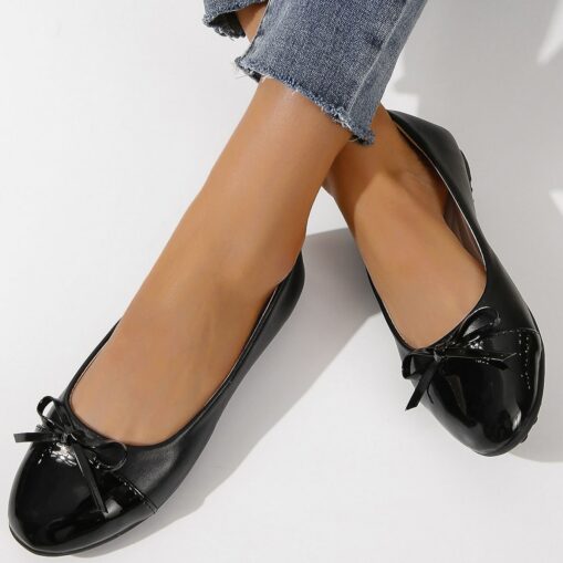 Women's Flats Slip-Ons Ballerina Plus Size Soft Shoes Daily Solid Color Summer Bowknot Flat Heel Round Toe Fashion Comfort Minimalism PU Loafer Black - Image 2