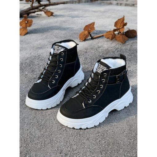 Women's Winter High-Top Sneakers with Fur Lining – Warm Lace-Up Ankle Boots with Chunky Sole and Buckle Detail for Casual Outdoor Wear 2025