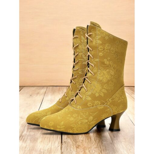 Women's Vintage Floral Lace-Up Ankle Boots with Mid Heel – Elegant Jacquard Boots for Retro Style and Special Occasions 2025