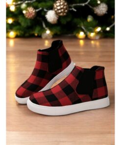 Women's Red Plaid Ankle Boots with Elastic Sides – Stylish Winter Slip-On Sneakers for Casual Holiday Wear 2025