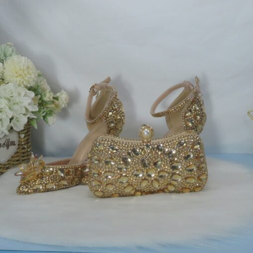 Shoes And Bags Matching Sets Wedding Shoes for Bride Bridesmaid Women Closed Toe Pointed Toe Champagne PU Pumps With Rhinestone Crystal Stiletto Weddi