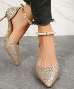 Women's Wedding Shoes Pumps Bling Bling Shoes Pumps Heel Sandals Wedding Party Solid Color Wedding Heels Bridal Shoes Bridesmaid Shoes Rhinestone Sequ