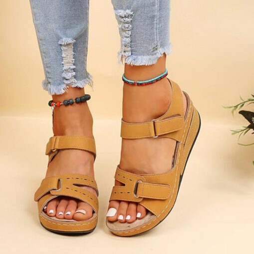 Women's Beige Wedge Sandals - Casual Open-Toe Summer Shoes with Adjustable Straps and Comfortable Sole for Everyday Wear 2025 - Image 4