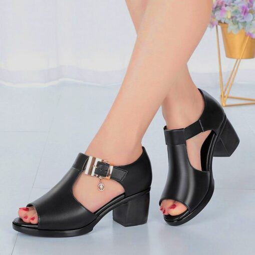 Women's Open-Toe Chunky Heel Sandals - Elegant Black Faux Leather Shoes with Decorative Buckle for Summer Parties or Formal Occasions 2025