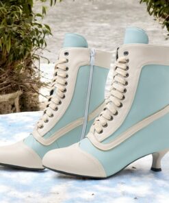 Women's Victorian White and Pink Lace-Up Mid-Heel Boots - Perfect for Vintage Themed Events and Cosplay 2025