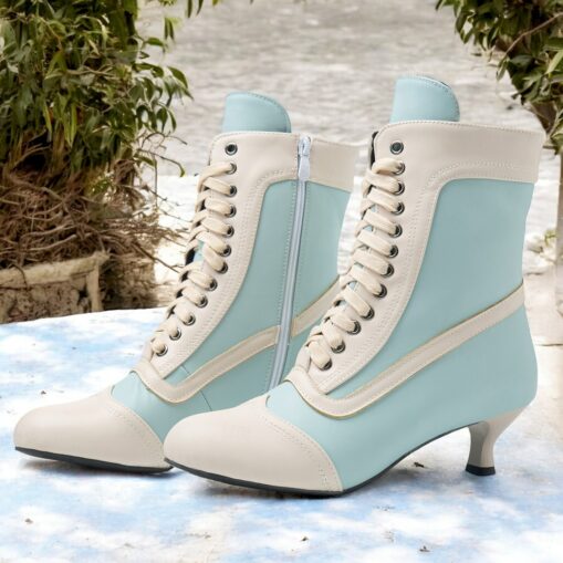 Women's Victorian White and Pink Lace-Up Mid-Heel Boots - Perfect for Vintage Themed Events and Cosplay 2025