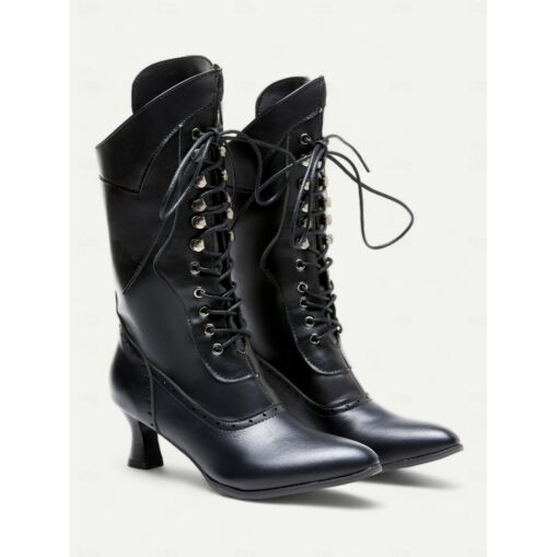 Women's Brown Victorian Lace-Up Boots with Mid Heel - Vintage-Style Retro Footwear for Cosplay, Events & Daily Elegance 2025 - Image 2