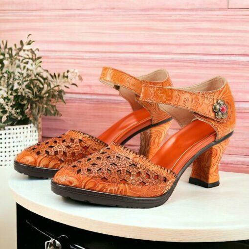 Women's Purple Vintage Cowhide Heels with Handcrafted Embossed Floral Patterns and Ankle Strap for Formal Occasions 2025 - Image 4