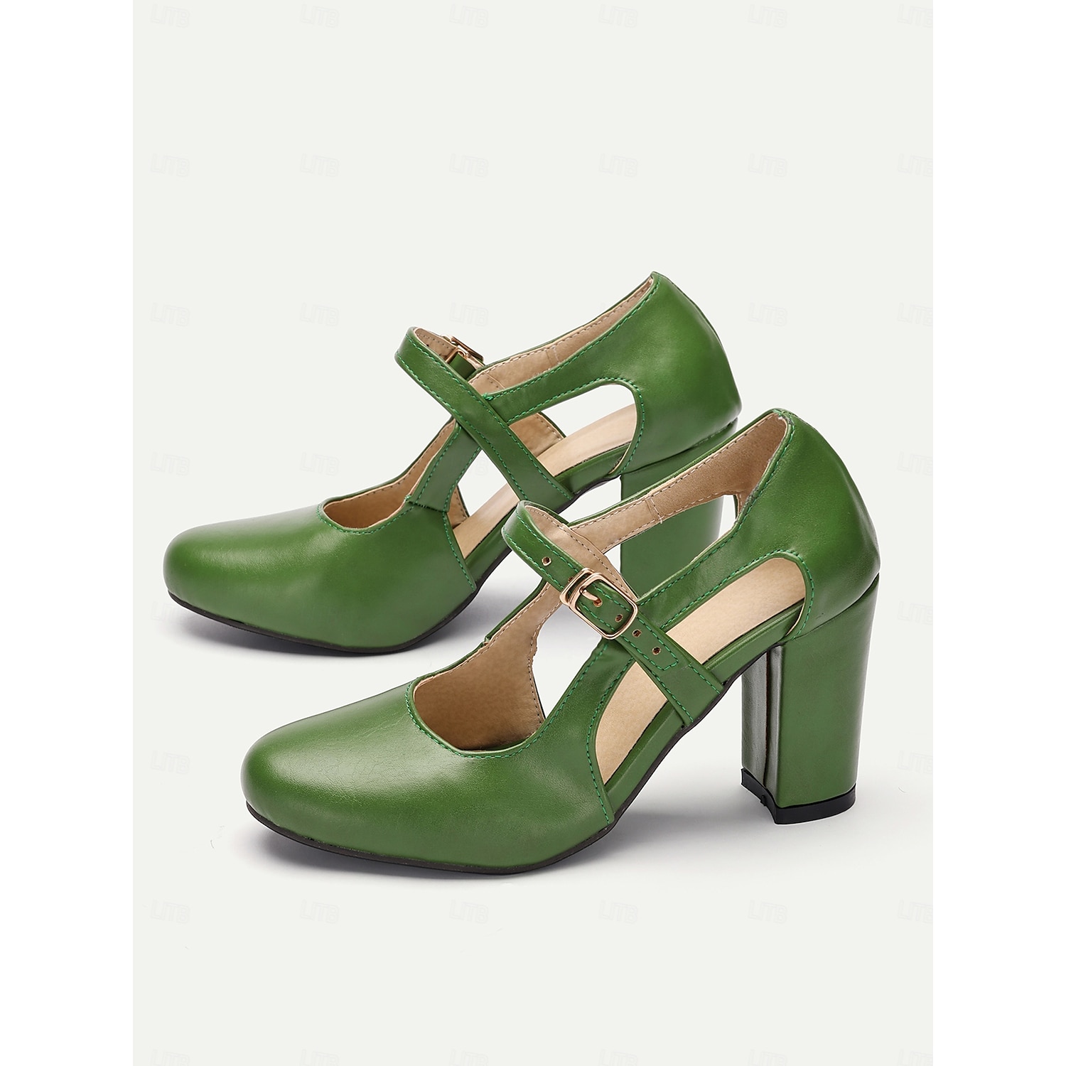 Vintage Green Mary Jane Block Heel Shoes for Women - Chunky High Heels with Buckle Strap, Retro Style Comfortable Leather Pumps 2025 - Image 2