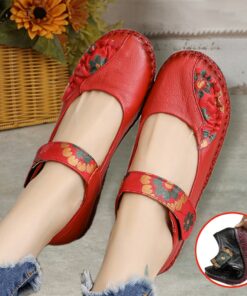 Women's Red Leather Barefoot Mary Jane Flats – Embroidered Floral Casual Comfort Shoes with Hook & Loop Straps 2025