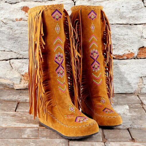 Women's Fringe Embroidered Faux Suede Knee-High Boots, Bohemian Style for Festivals and Casual Wear 2025