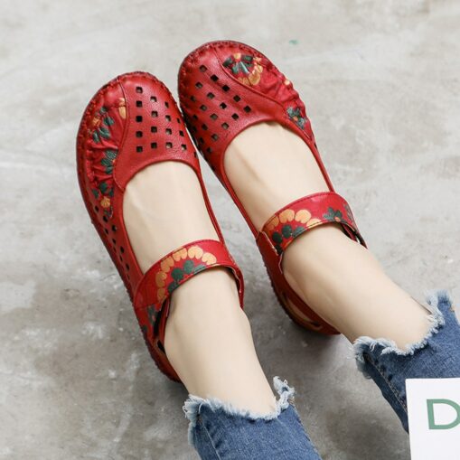 Women's Red Leather Barefoot Mary Jane Flats – Embroidered Floral Casual Comfort Shoes with Hook & Loop Straps 2025 - Image 3