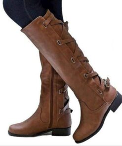 Women's Black Motorcycle Boots with Side Lace-Up and Buckle Detail - Stylish High Knee Riding Boots 2025