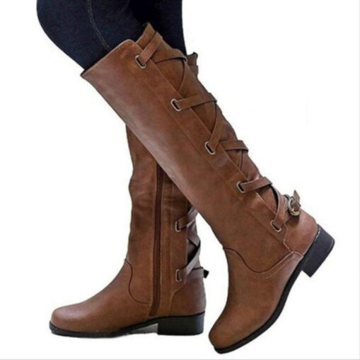 Women's Black Motorcycle Boots with Side Lace-Up and Buckle Detail - Stylish High Knee Riding Boots 2025