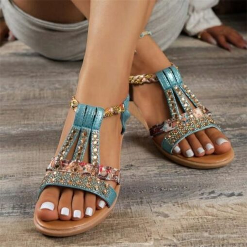 Women's Wedge Sandals with Rhinestone Embellishments – Comfortable Elastic Straps and Floral Patterned Details for Casual Summer Wear 2025 - Image 2