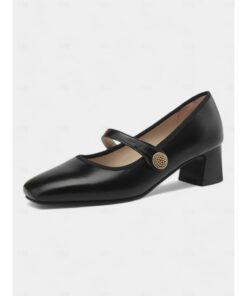 Women's Vintage Brown Mary Jane Shoes – Classic Round Toe with Gold Button Accent and Mid-Height Block Heel, Perfect for Office Wear and Retro-Inspire