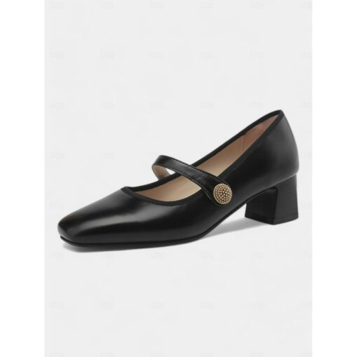 Women's Vintage Brown Mary Jane Shoes – Classic Round Toe with Gold Button Accent and Mid-Height Block Heel, Perfect for Office Wear and Retro-Inspire