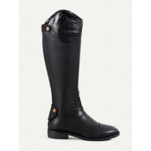 Women's Brown Leather Knee-High Riding Boots with Crocodile Pattern Accents, Stylish and Durable for Equestrian and Outdoor Wear 2025 - Image 2
