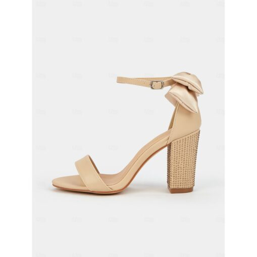 Women's Nude Block Heel Sandals with Rhinestone Embellishments, Ankle Strap, and Satin Bow – Elegant Wedding, Party or Evening Shoes 2025