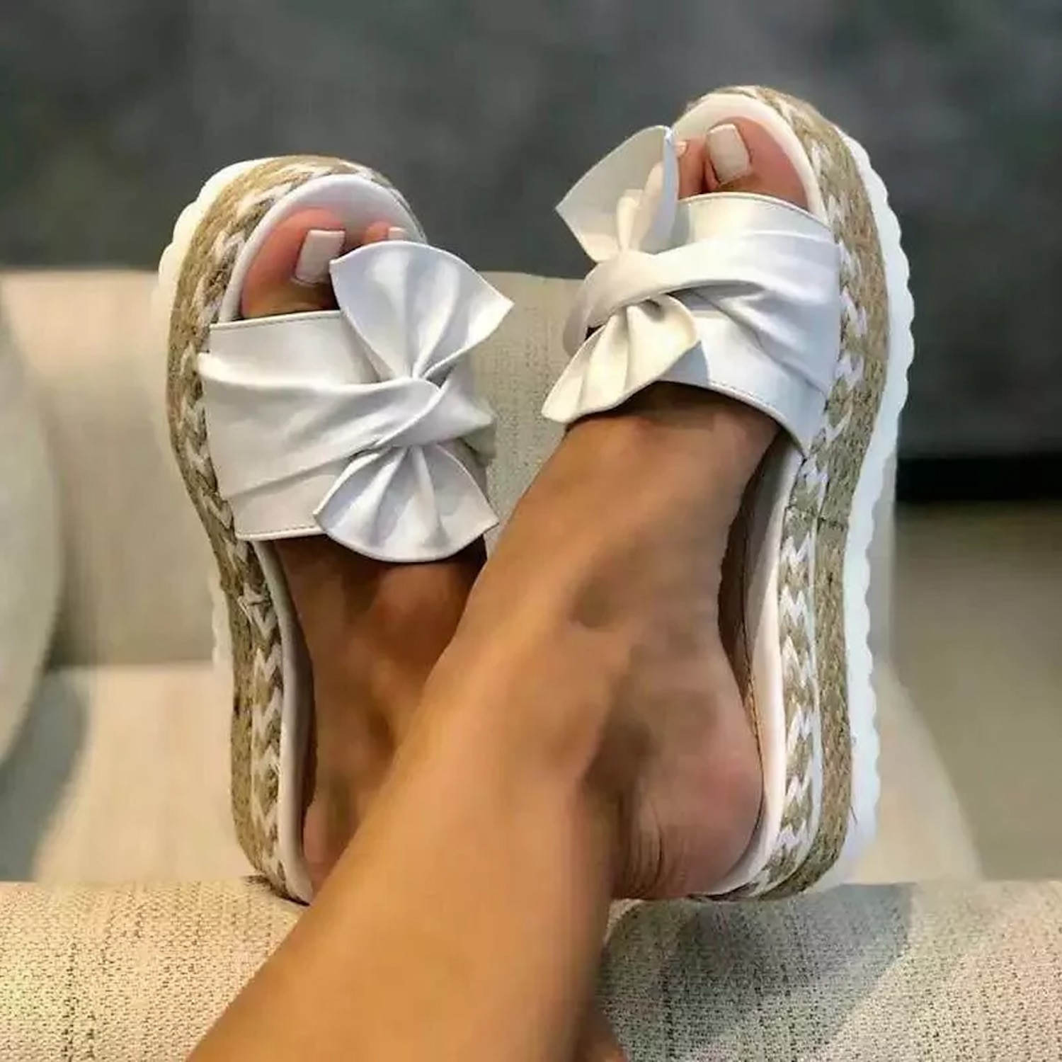 Yellow Women's Platform Sandals with Bow Detail and Woven Espadrille Sole for Stylish Summer Wear 2025 - Image 7