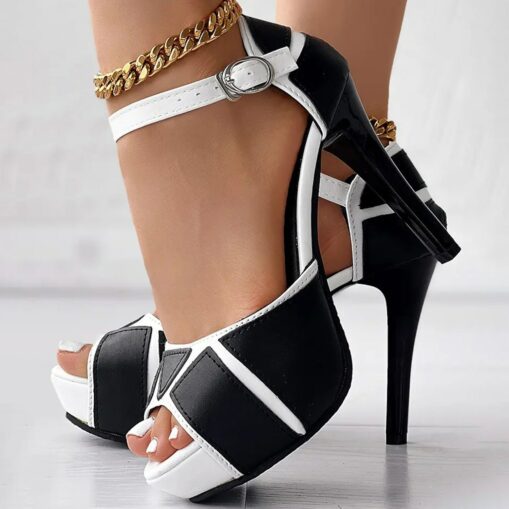 Women's White and Black Platform Stiletto Sandals with Open-Toe and Ankle Strap - Stylish High Heels for Parties and Special Occasions 2025 - Image 2