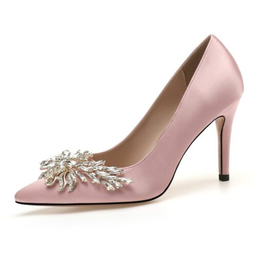 Women's Pink Satin High Heels – Elegant Rhinestone Embellished Pumps for Bride, Weddings, and Special Occasions 2025