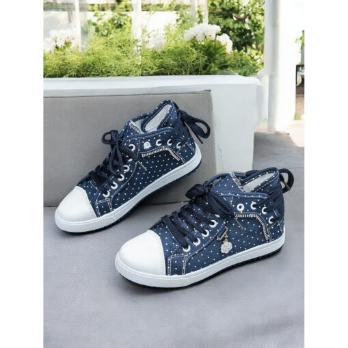 Women's Sneakers Canvas Shoes Daily Travel Polka Dot Flat Heel Round Toe Casual Preppy Canvas Lace-up Dark Blue Light Blue 2025 - Image 2
