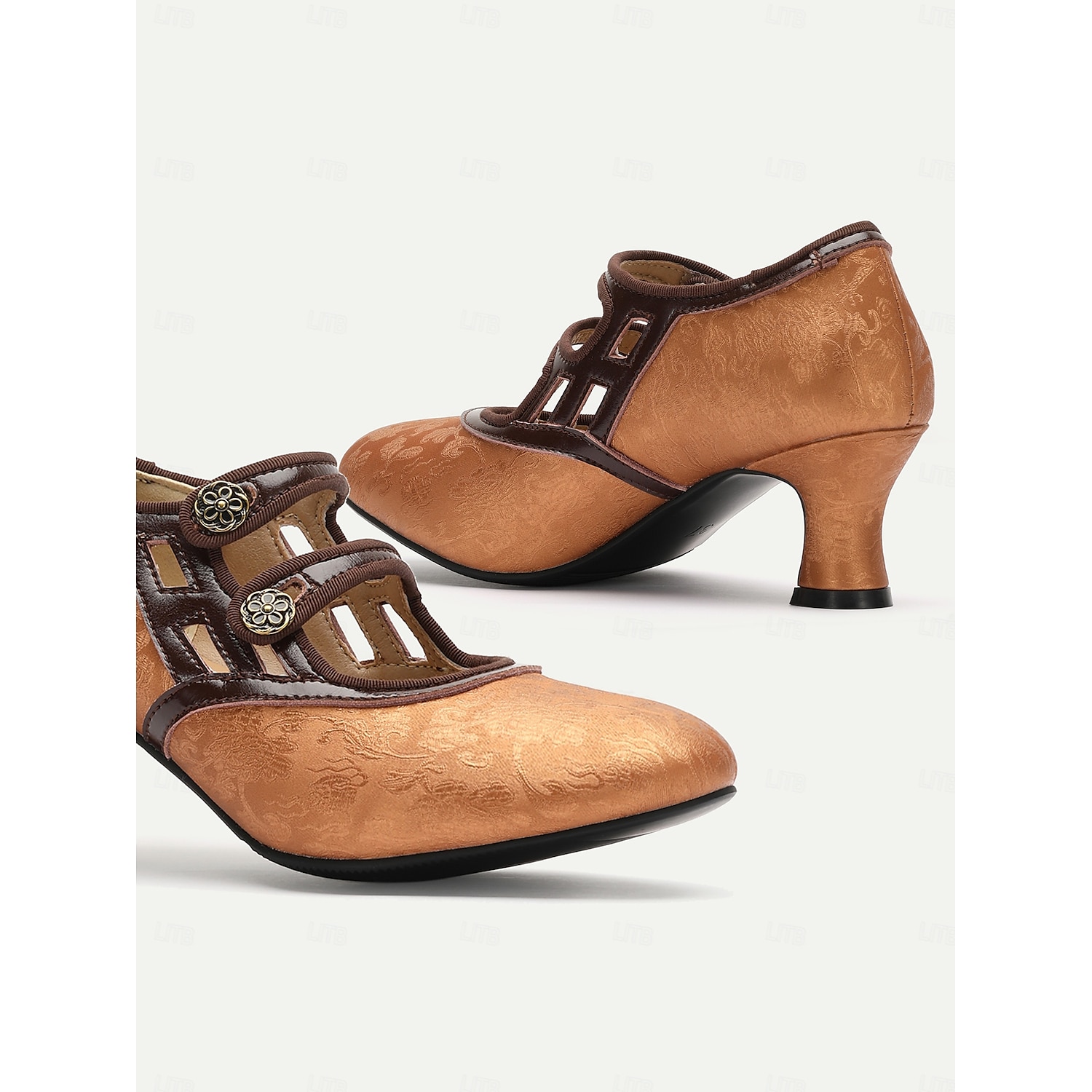 Women's Elegant Vintage T-Strap Mid-Heel Pumps - Bronze Mary Jane Shoes with Floral Button for Oktoberfest, Formal, and Casual Wear 2025